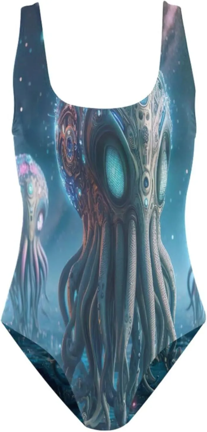 Vintage Nautical Inkfish Starfish Woman's Bathing Suits, Backless Bathing Suits for Women