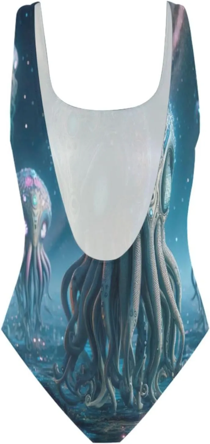 Vintage Nautical Inkfish Starfish Woman's Bathing Suits, Backless Bathing Suits for Women