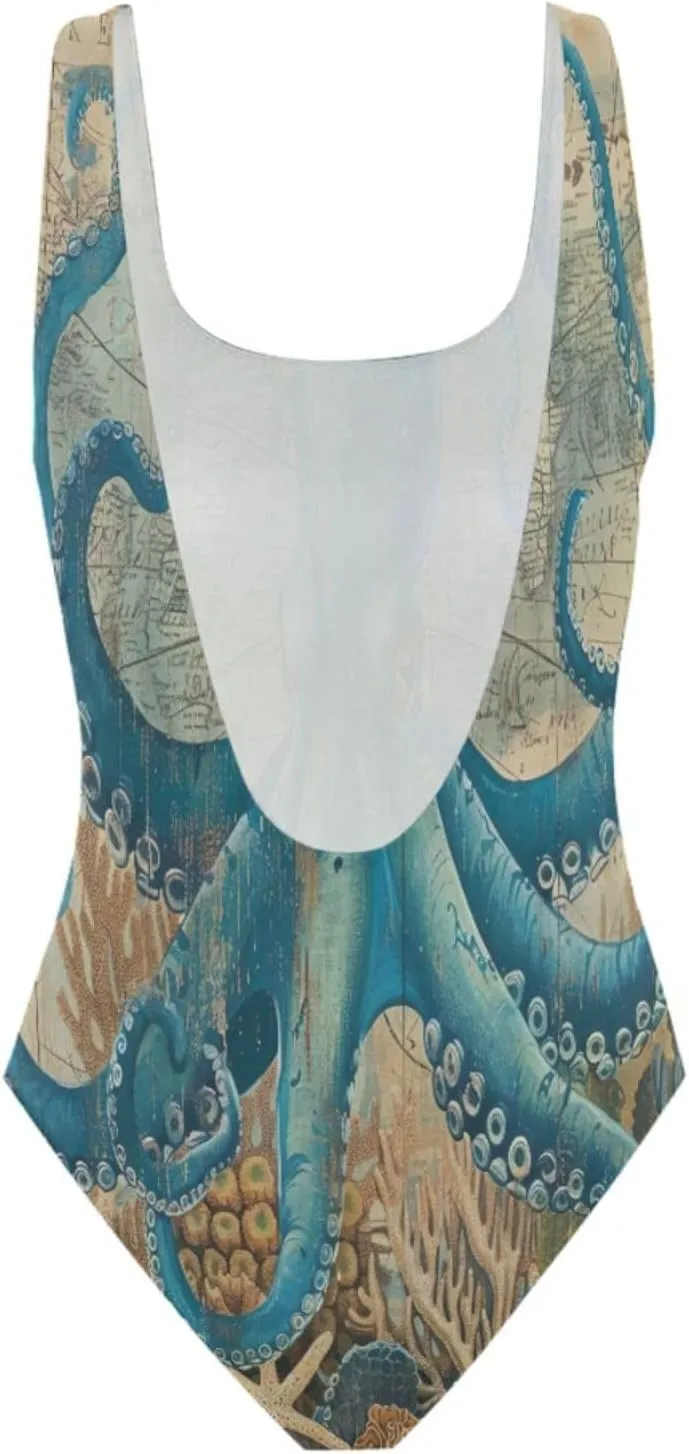 Vintage Nautical Inkfish Starfish Woman's Bathing Suits, Backless Bathing Suits for Women