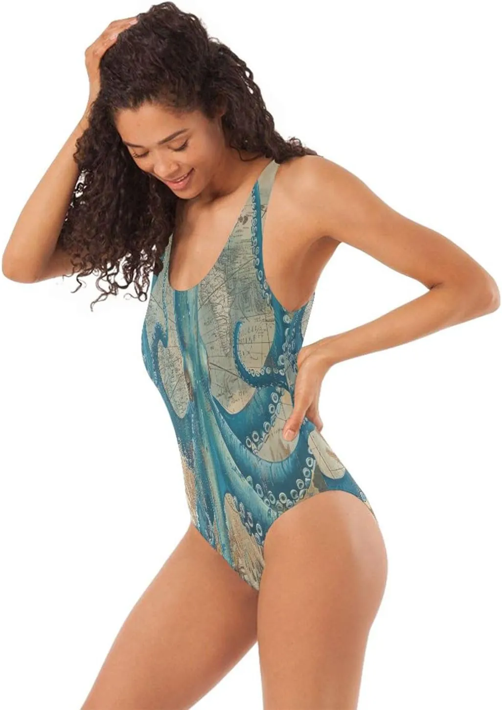 Vintage Nautical Inkfish Starfish Woman's Bathing Suits, Backless Bathing Suits for Women