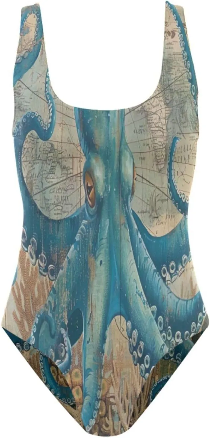 Vintage Nautical Inkfish Starfish Woman's Bathing Suits, Backless Bathing Suits for Women