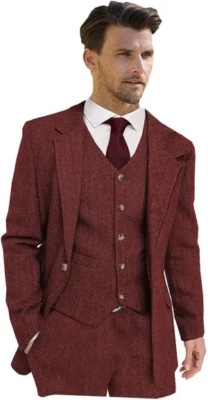 Wangyue Men's Tweed Herringbone 3 Piece Suits Formal Regular Fit Wedding Groom Suits
