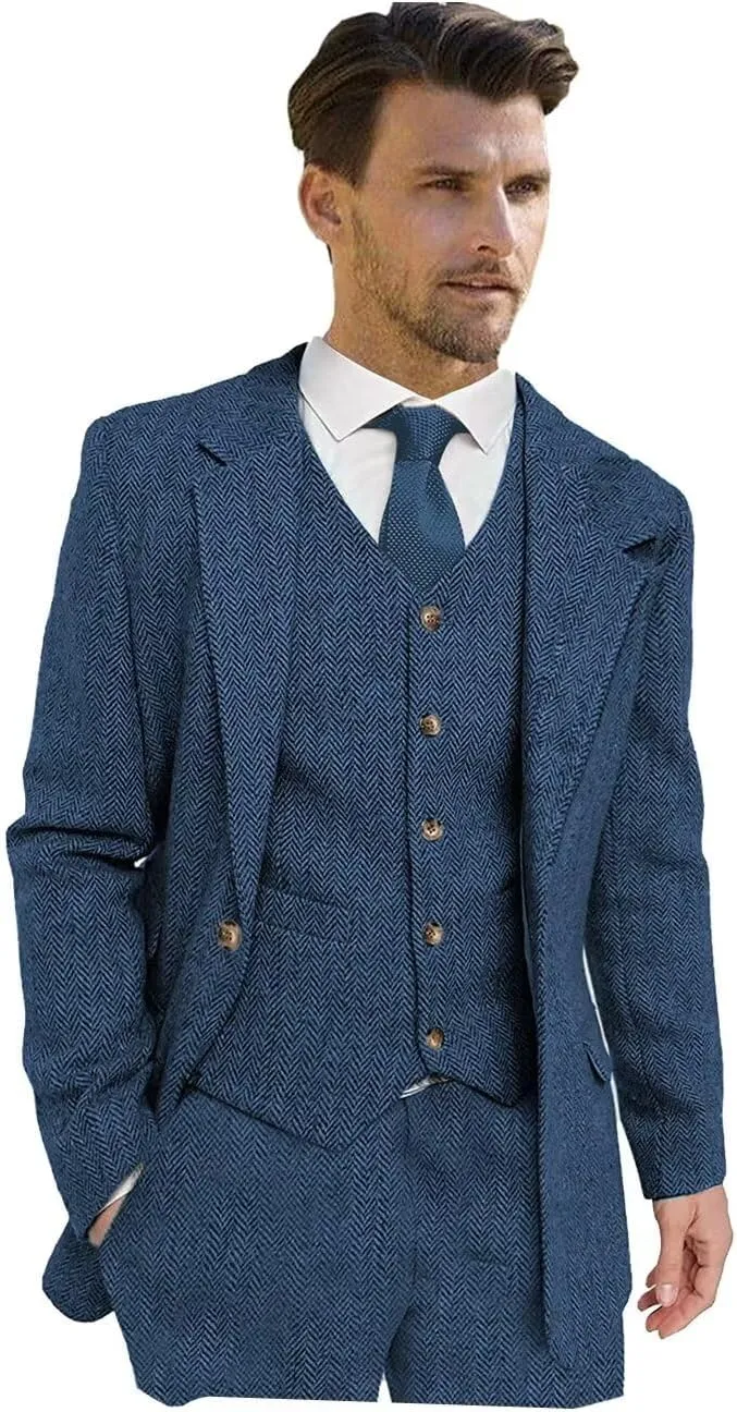 Wangyue Men's Tweed Herringbone 3 Piece Suits Formal Regular Fit Wedding Groom Suits