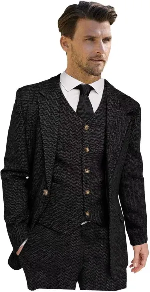 Wangyue Men's Tweed Herringbone 3 Piece Suits Formal Regular Fit Wedding Groom Suits