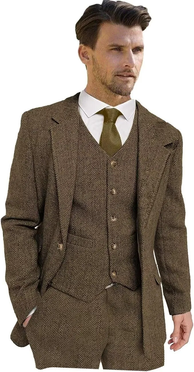 Wangyue Men's Tweed Herringbone 3 Piece Suits Formal Regular Fit Wedding Groom Suits