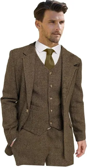 Wangyue Men's Tweed Herringbone 3 Piece Suits Formal Regular Fit Wedding Groom Suits