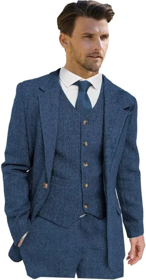 Wangyue Men's Tweed Herringbone 3 Piece Suits Formal Regular Fit Wedding Groom Suits