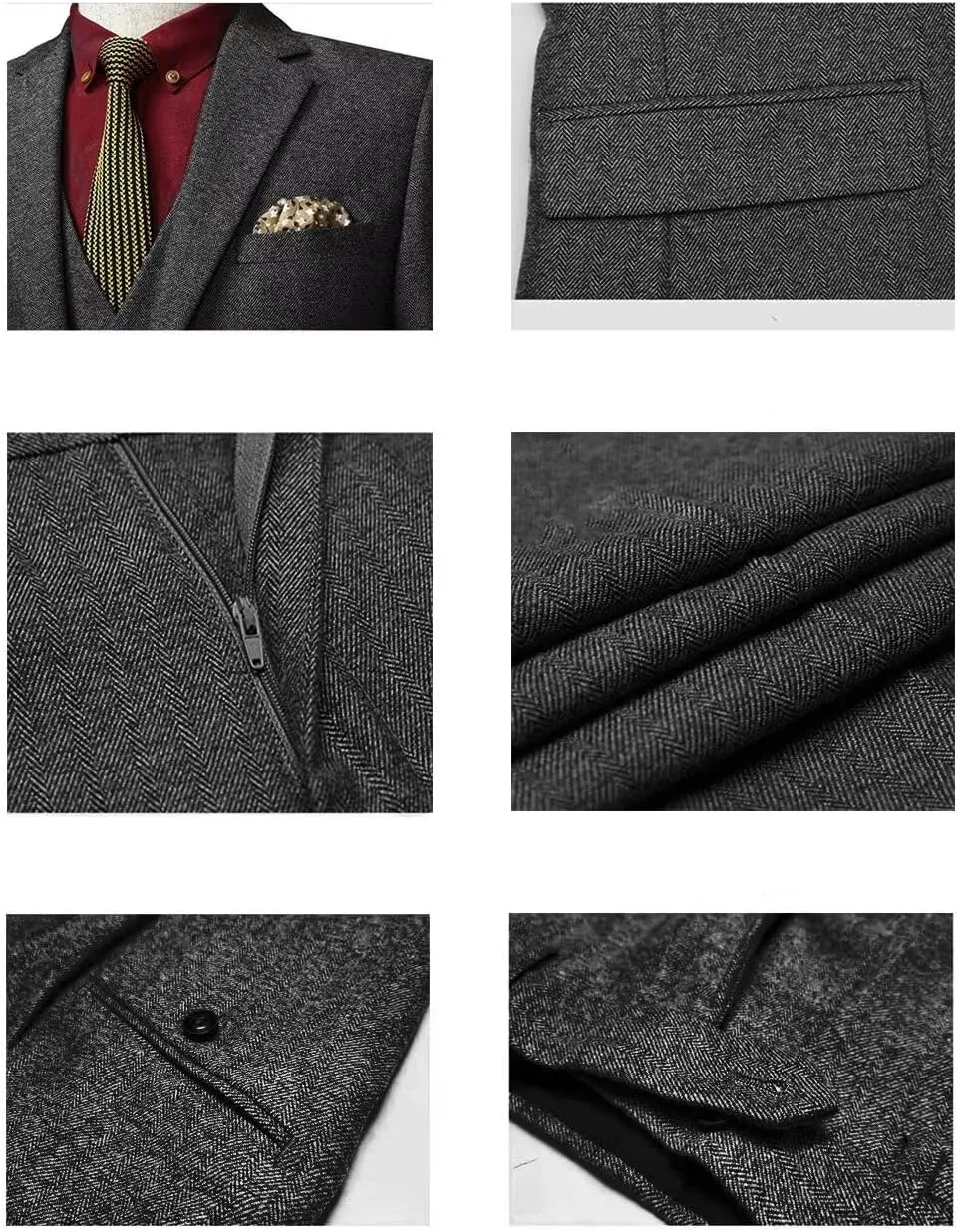 Wangyue Men's Tweed Herringbone 3 Piece Suits Formal Regular Fit Wedding Groom Suits