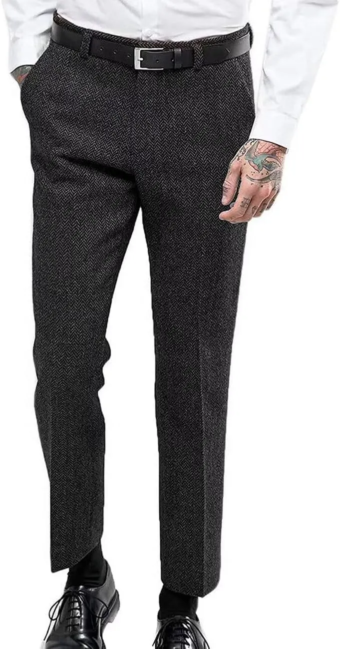 Wangyue Men's Tweed Herringbone 3 Piece Suits Formal Regular Fit Wedding Groom Suits