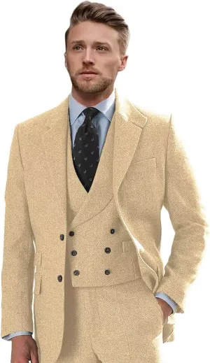 Wangyue Tweed Suits for Men Slim Fit 3 Piece Suit Double Breasted Herringbone Tweed Suit Wool Suits 1920s Wedding Suits