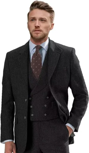 Wangyue Tweed Suits for Men Slim Fit 3 Piece Suit Double Breasted Herringbone Tweed Suit Wool Suits 1920s Wedding Suits