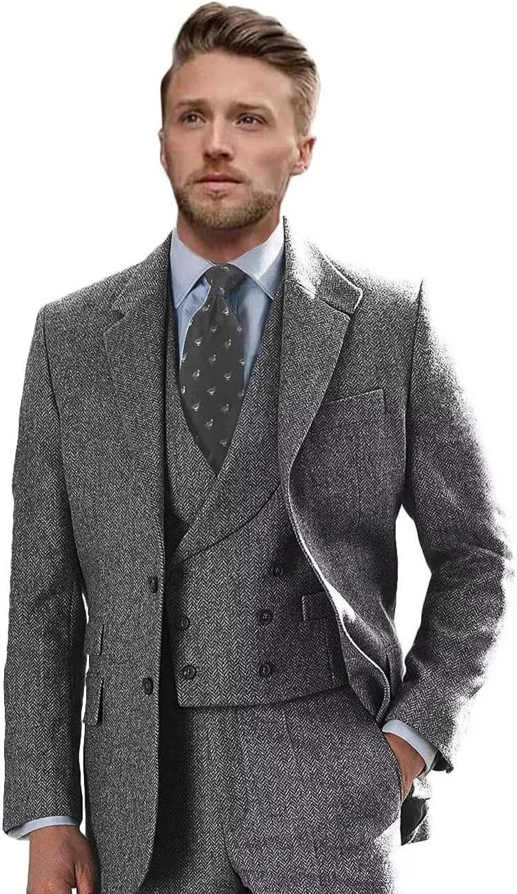 Wangyue Tweed Suits for Men Slim Fit 3 Piece Suit Double Breasted Herringbone Tweed Suit Wool Suits 1920s Wedding Suits