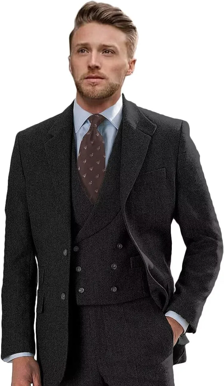 Wangyue Tweed Suits for Men Slim Fit 3 Piece Suit Double Breasted Herringbone Tweed Suit Wool Suits 1920s Wedding Suits