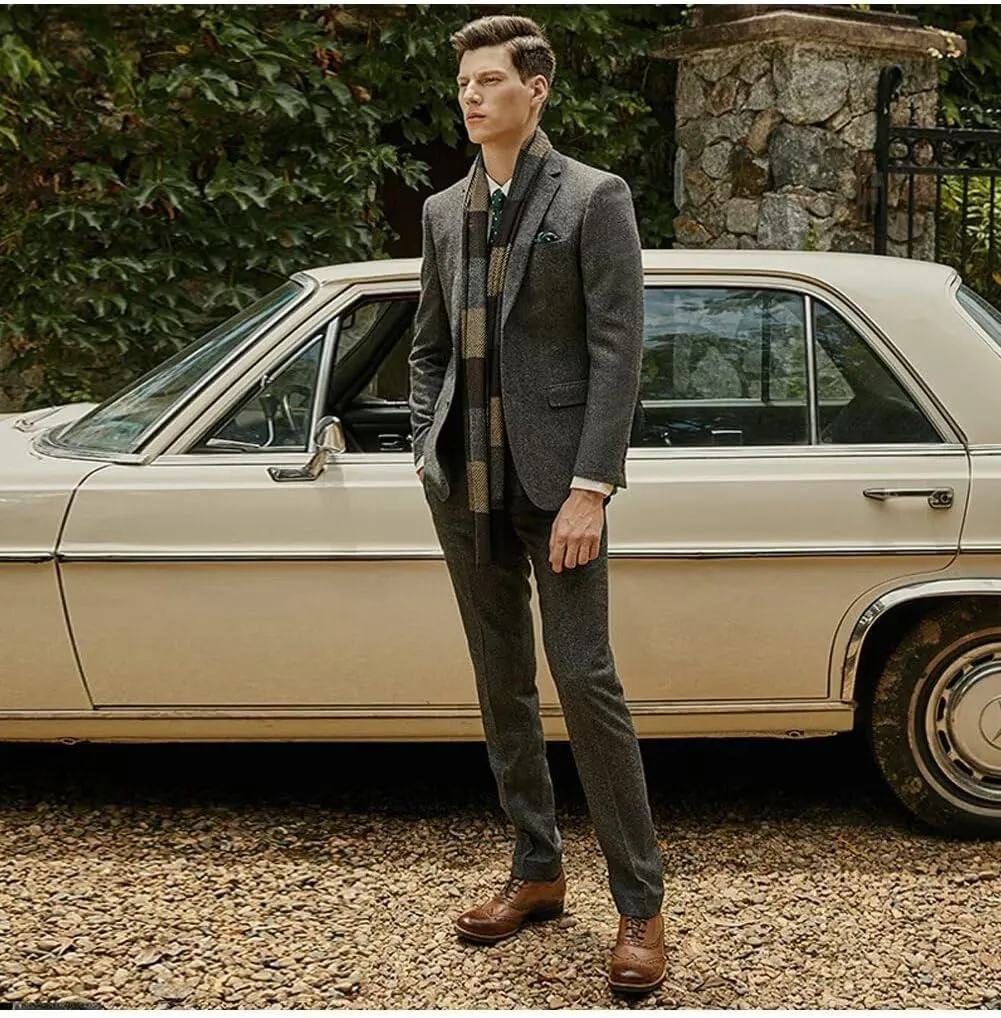 Wangyue Tweed Suits for Men Slim Fit 3 Piece Suit Double Breasted Herringbone Tweed Suit Wool Suits 1920s Wedding Suits