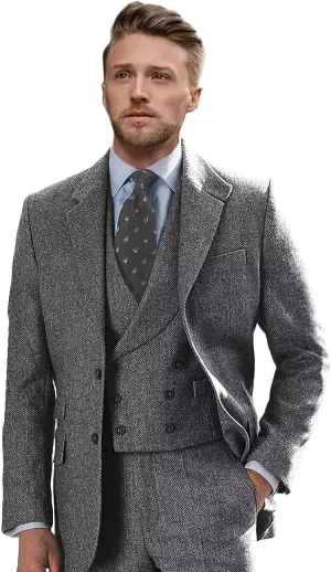 Wangyue Tweed Suits for Men Slim Fit 3 Piece Suit Double Breasted Herringbone Tweed Suit Wool Suits 1920s Wedding Suits