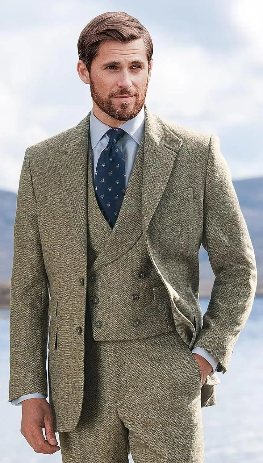 Wangyue Tweed Suits for Men Slim Fit 3 Piece Suit Double Breasted Herringbone Tweed Suit Wool Suits 1920s Wedding Suits