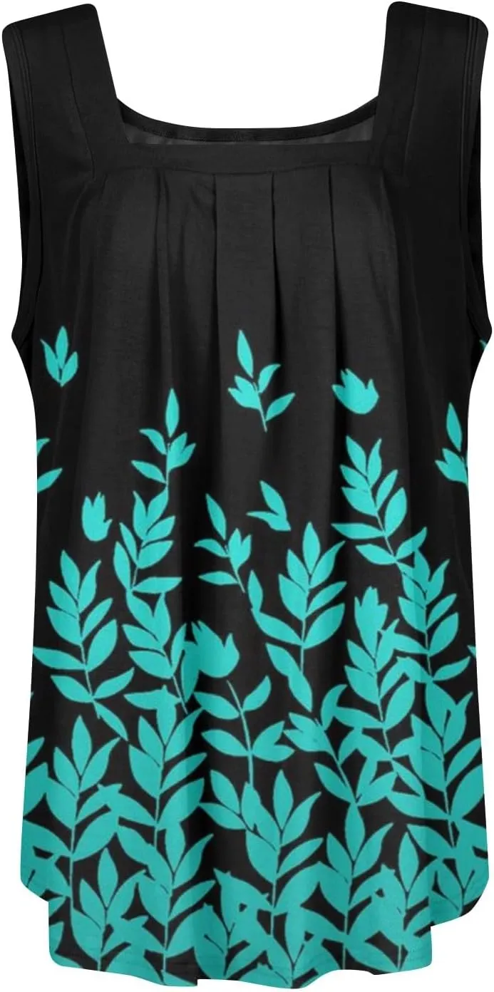 WANZZXCSL Womens Summer Tank Tops for Women Loose Fit Pleated Square Neck Sleeveless Tops Curved Hem Flowy Loose Fit Shirts