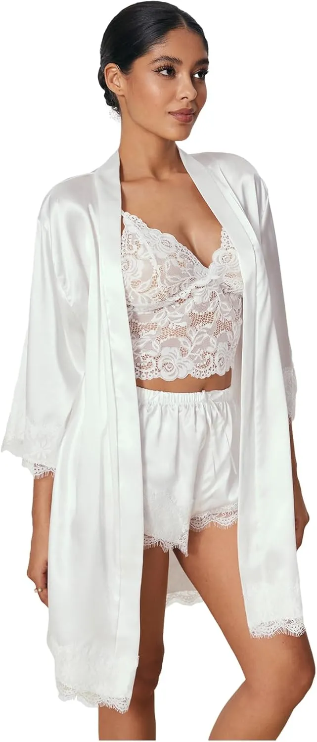 WDIRARA Women' Silk Satin Pajamas Set 4pcs Lingerie Floral Lace Cami Sleepwear with Robe
