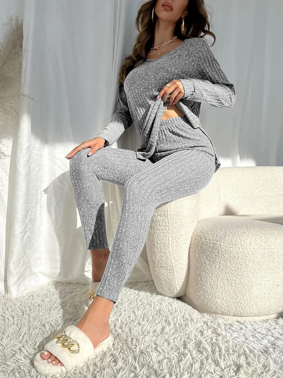 WDIRARA Women's 2 Piece Lounge Set Ribbed Knit Long Sleeve Tee Top and Leggings Pajama Sets