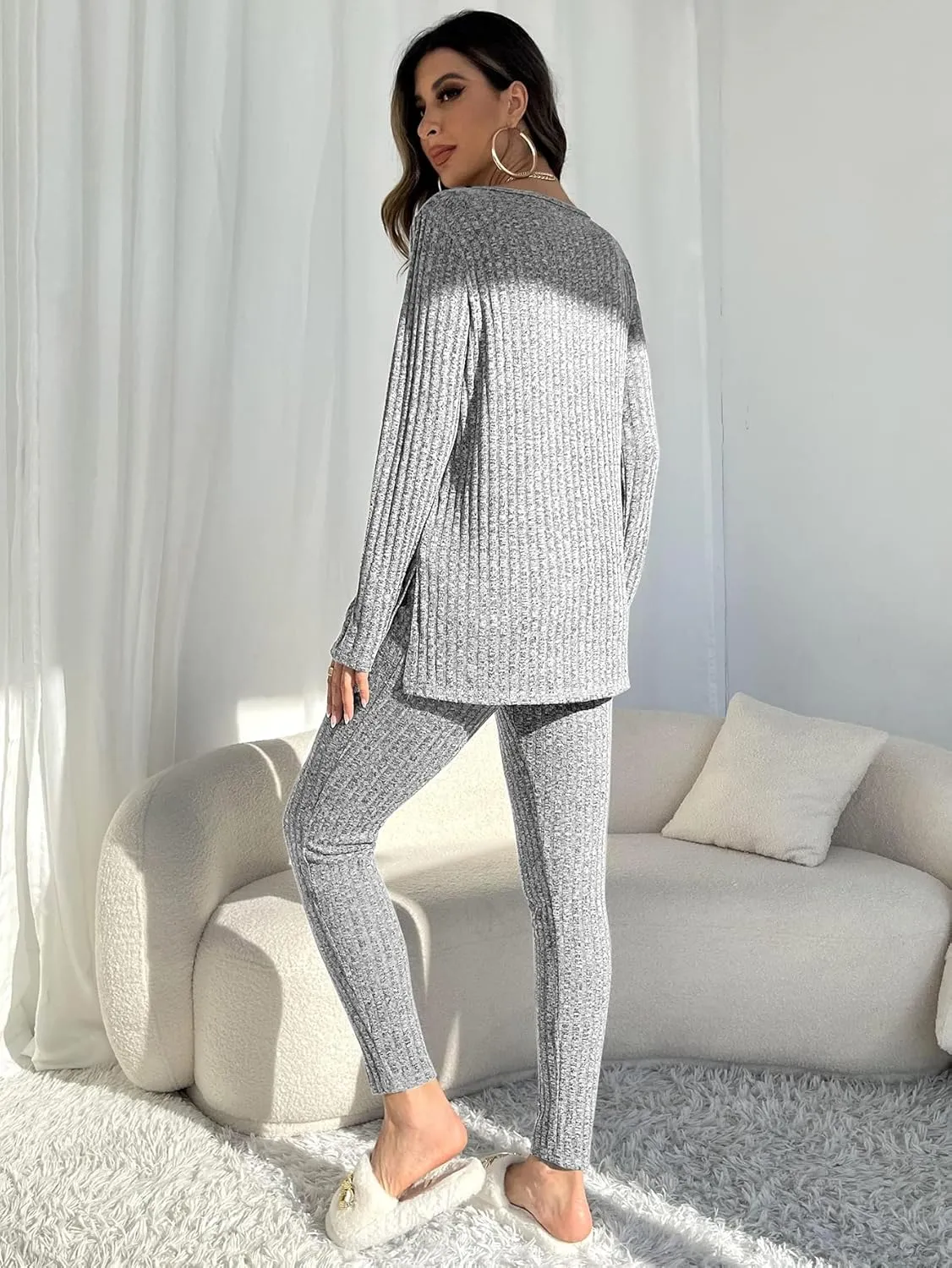 WDIRARA Women's 2 Piece Lounge Set Ribbed Knit Long Sleeve Tee Top and Leggings Pajama Sets
