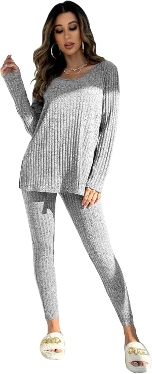 WDIRARA Women's 2 Piece Lounge Set Ribbed Knit Long Sleeve Tee Top and Leggings Pajama Sets
