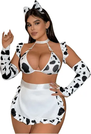 WDIRARA Women's Plus Size 7 Piece Cow Cosplay Lingerie Set Costume Maid Lingerie Outfits