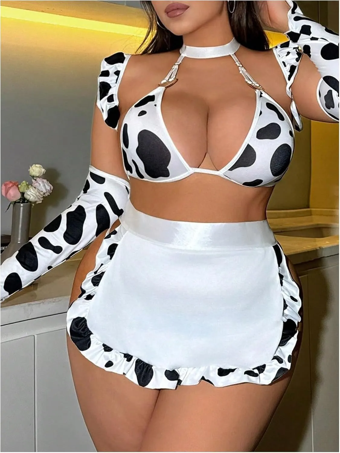 WDIRARA Women's Plus Size 7 Piece Cow Cosplay Lingerie Set Costume Maid Lingerie Outfits