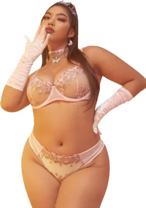 WDIRARA Women's Plus Size Floral Embroidered Mesh Bra and Panty Underwire Lingerie Set