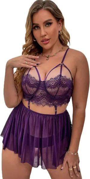 WDIRARA Women's Plus Size Floral Lace Scallop Trim Underwire Lingerie Set