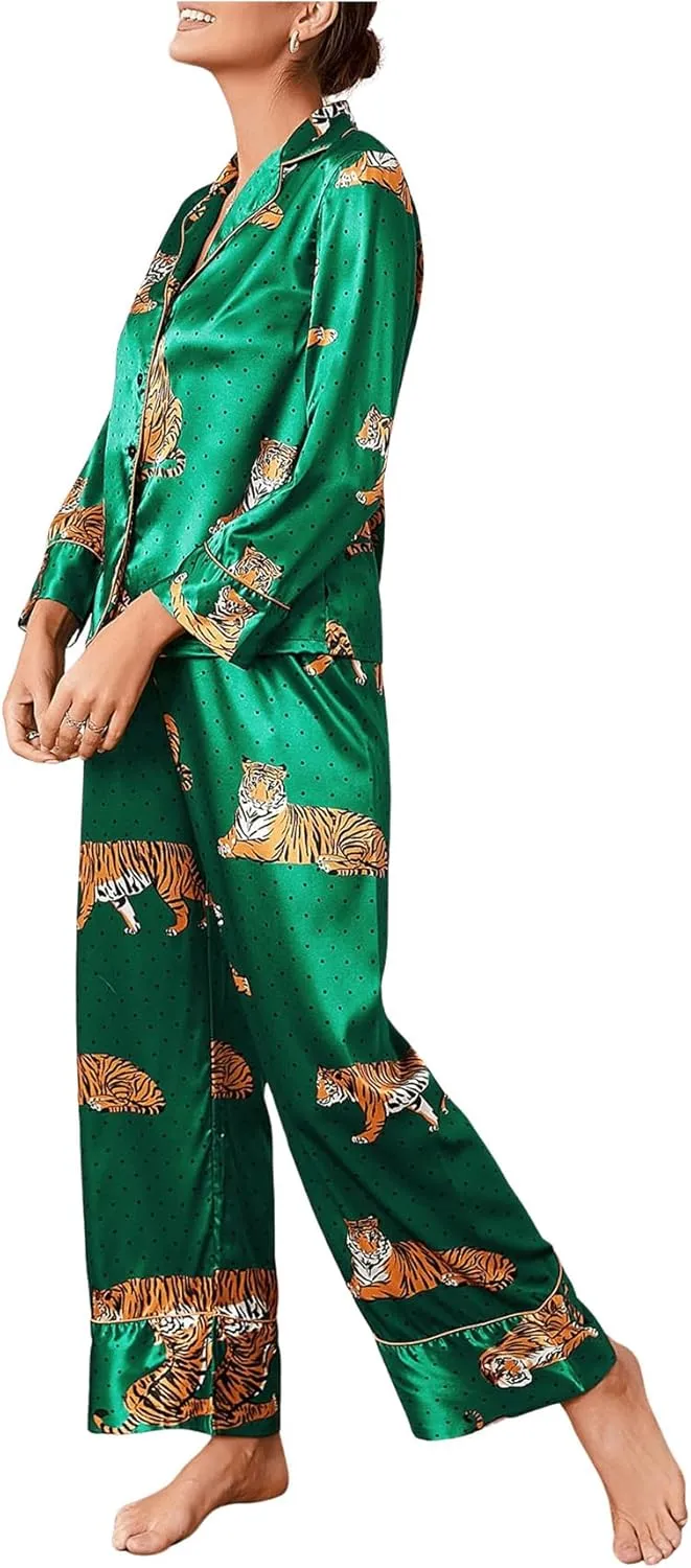 WDIRARA Women's Sleepwear Striped Satin Short Sleeve Shirt and Pants Pajama Set