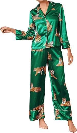 WDIRARA Women's Sleepwear Striped Satin Short Sleeve Shirt and Pants Pajama Set