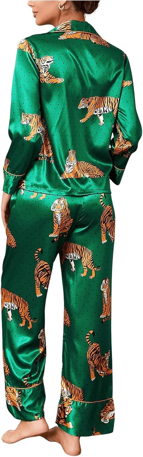 WDIRARA Women's Sleepwear Striped Satin Short Sleeve Shirt and Pants Pajama Set
