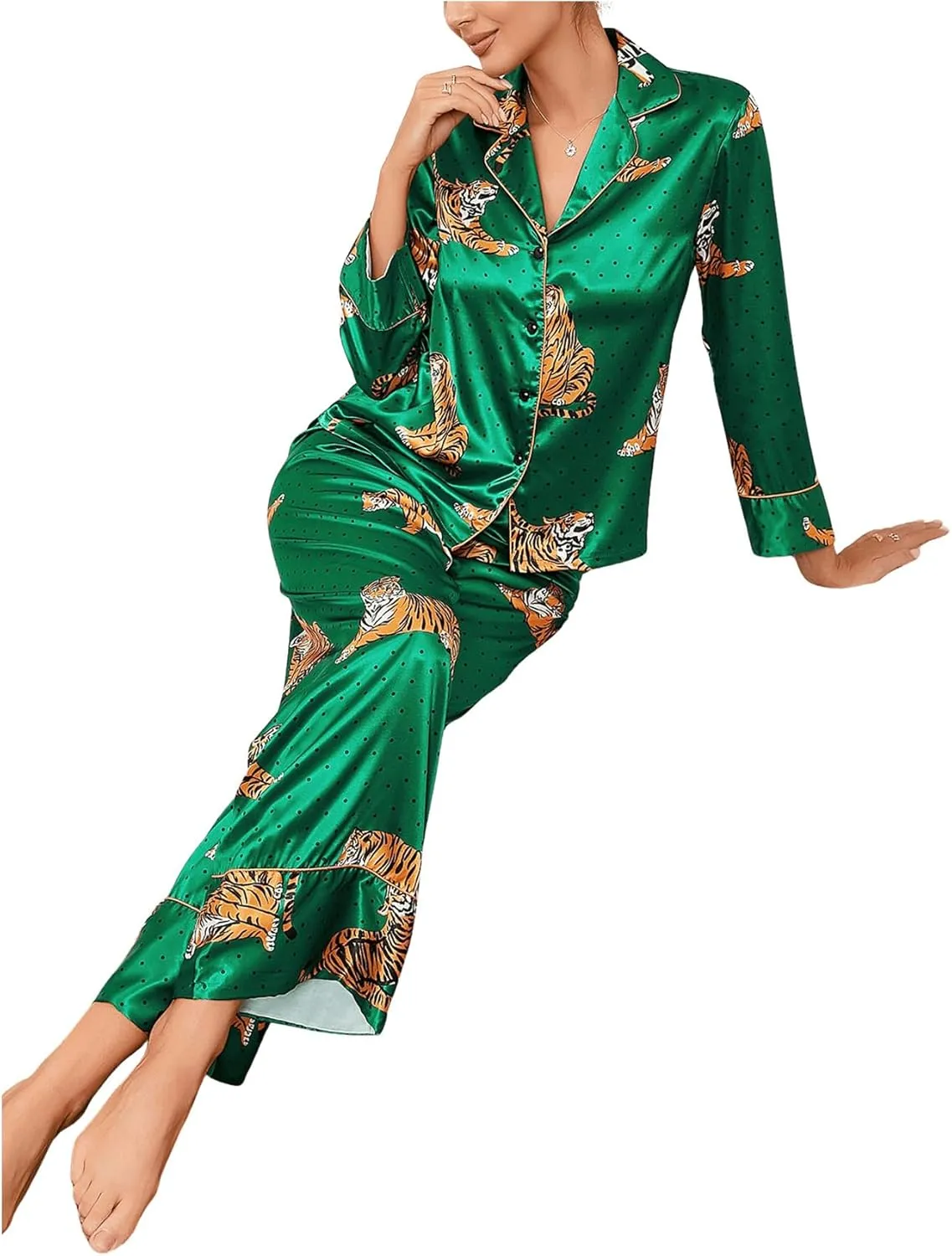 WDIRARA Women's Sleepwear Striped Satin Short Sleeve Shirt and Pants Pajama Set