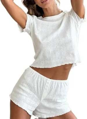 White Lounge Set Women's Soft Ribbed Knit Crop Top & Short Matching Lounge Pajama Outfit Set