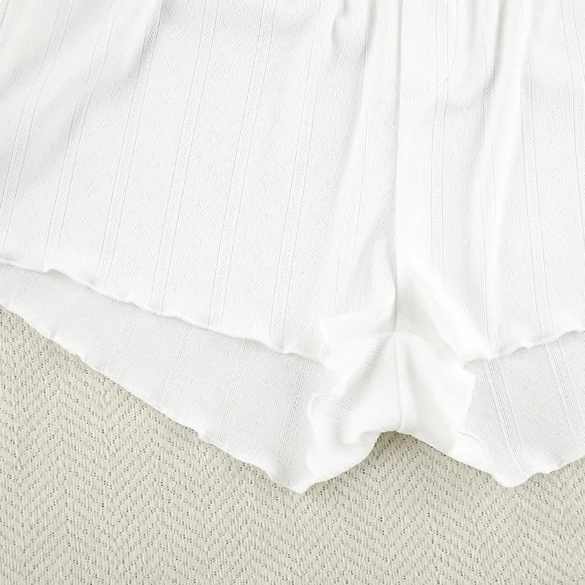 White Lounge Set Women's Soft Ribbed Knit Crop Top & Short Matching Lounge Pajama Outfit Set