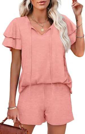 WIHOLL Summer Outfits for Women 2 Piece Short Sleeve V Neck Lounge Sets Casual