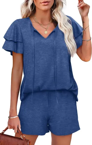 WIHOLL Summer Outfits for Women 2 Piece Short Sleeve V Neck Lounge Sets Casual