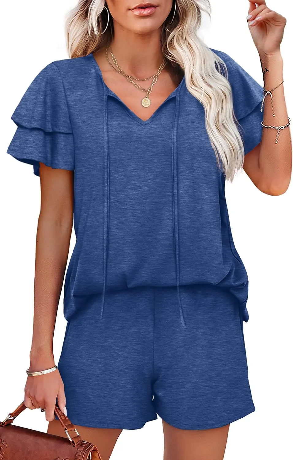 WIHOLL Summer Outfits for Women 2 Piece Short Sleeve V Neck Lounge Sets Casual
