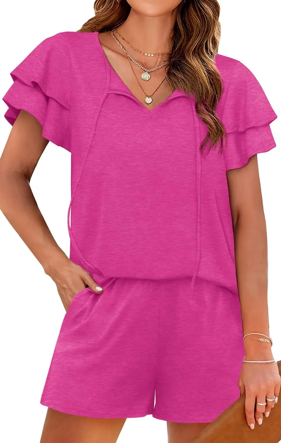 WIHOLL Summer Outfits for Women 2 Piece Short Sleeve V Neck Lounge Sets Casual