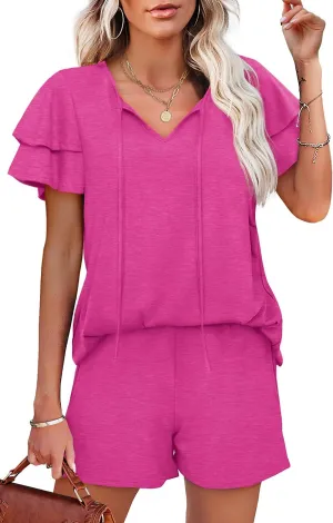 WIHOLL Summer Outfits for Women 2 Piece Short Sleeve V Neck Lounge Sets Casual