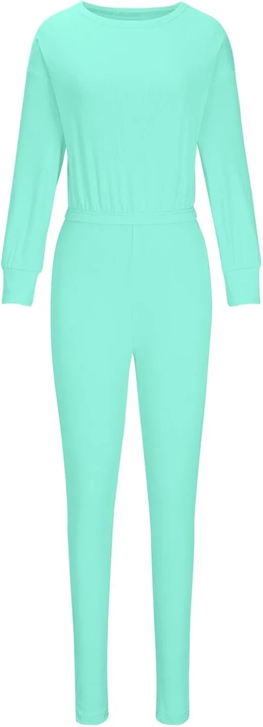 Women 2 Piece Knitted Pleated Lounge Sets Round Neck Long Sleeve Pullover Top Casual Elastic Waist Trouser Daily Set