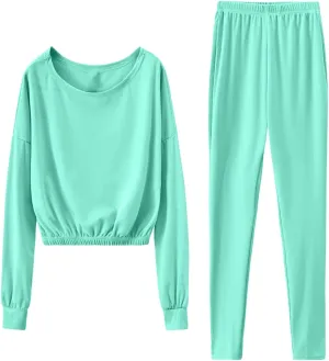 Women 2 Piece Knitted Pleated Lounge Sets Round Neck Long Sleeve Pullover Top Casual Elastic Waist Trouser Daily Set