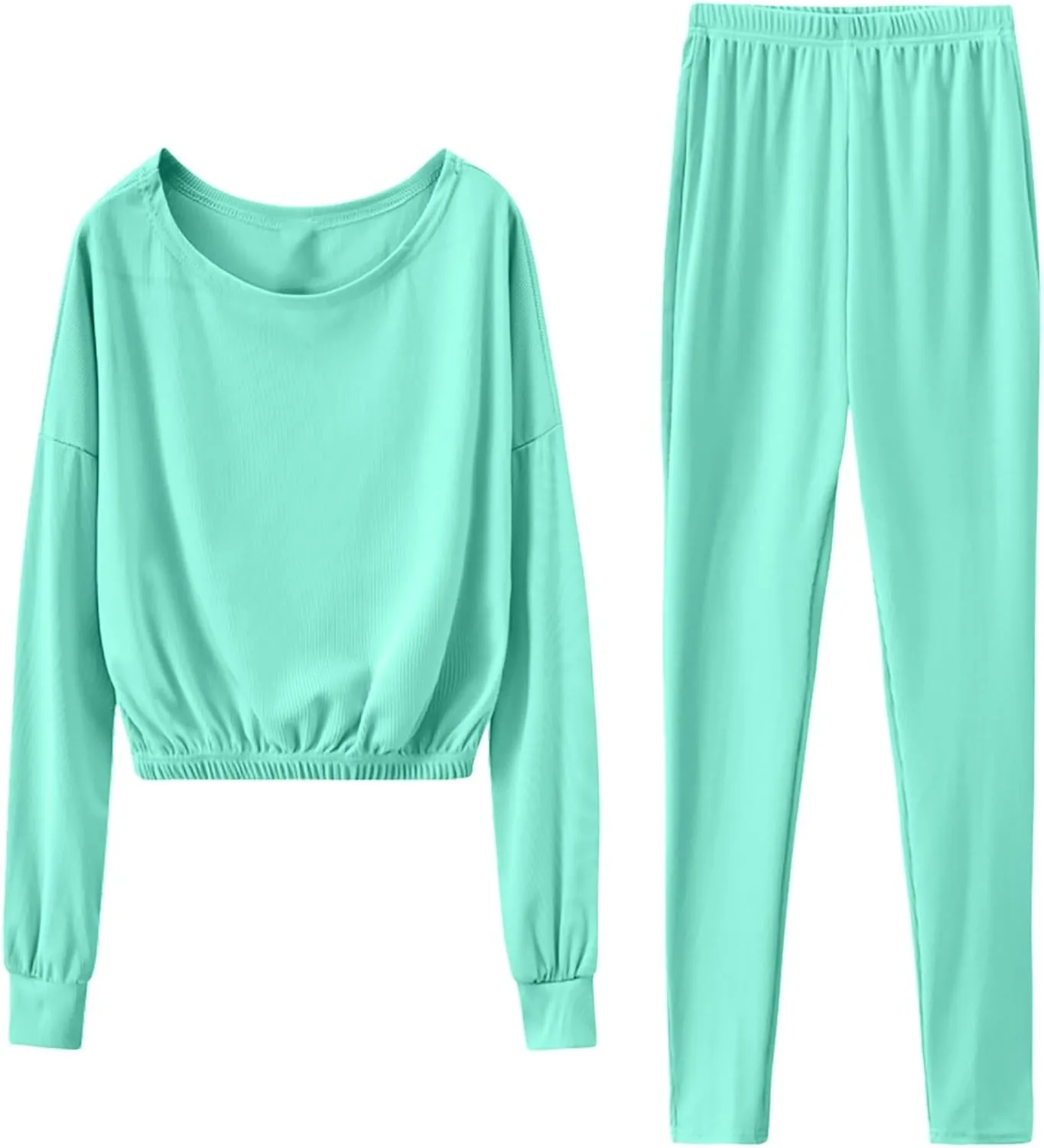 Women 2 Piece Knitted Pleated Lounge Sets Round Neck Long Sleeve Pullover Top Casual Elastic Waist Trouser Daily Set