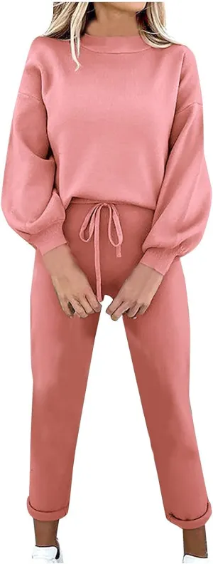 Women 2 Piece Sweatsuits Fleece Lined Tracksuit Long Sleeve Tops and Jogger Pants Set Casual Loose Lounge Sets
