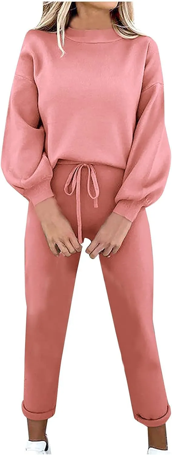 Women 2 Piece Sweatsuits Fleece Lined Tracksuit Long Sleeve Tops and Jogger Pants Set Casual Loose Lounge Sets
