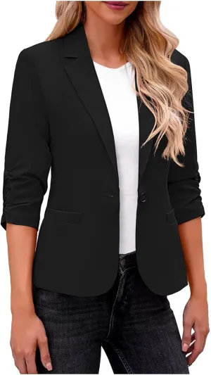 Women 3/4 Sleeve Blazer Casual Open Front Notched Collar Button Jackets Dressy Work Office Suit Jackets Outerwear