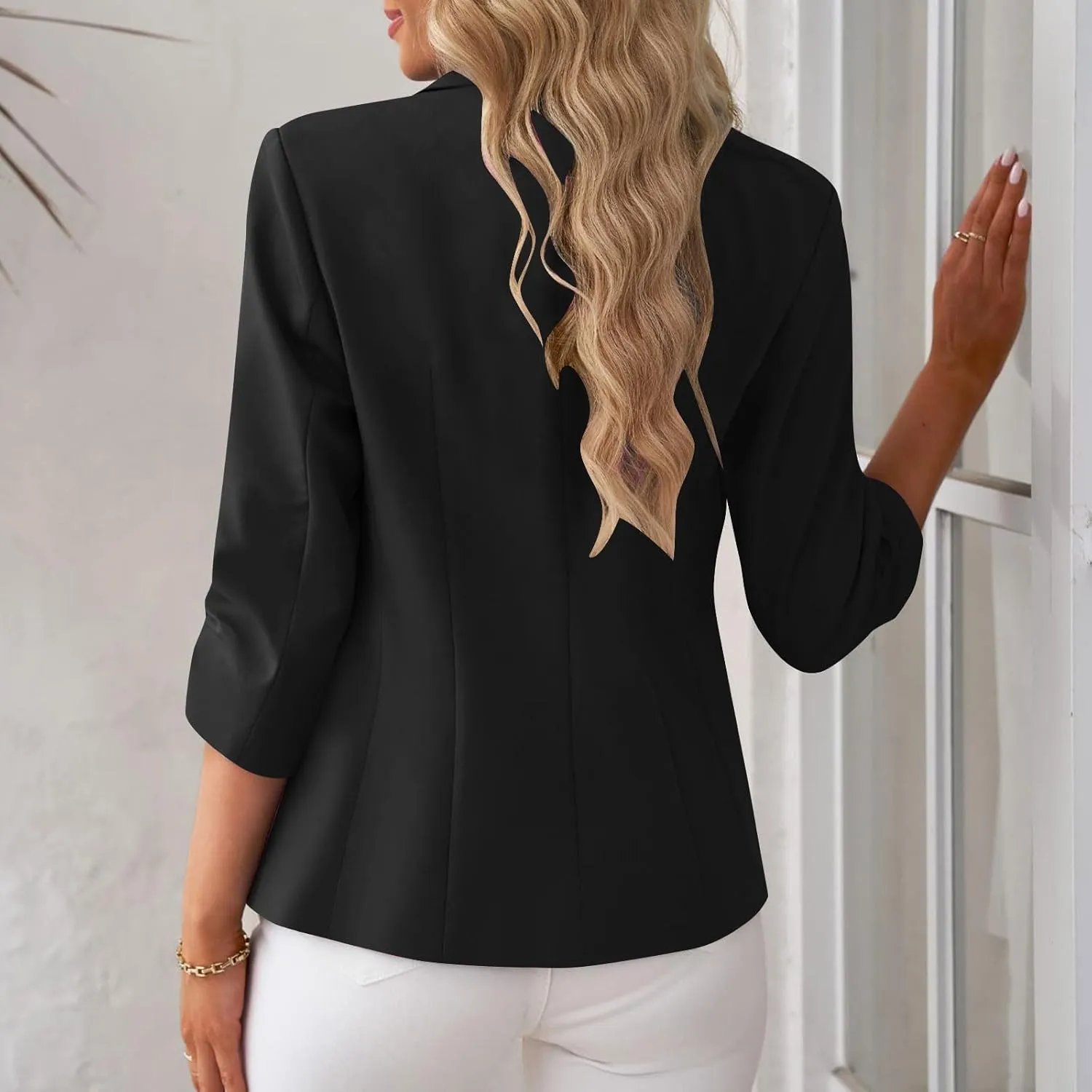 Women 3/4 Sleeve Blazer Casual Open Front Notched Collar Button Jackets Dressy Work Office Suit Jackets Outerwear