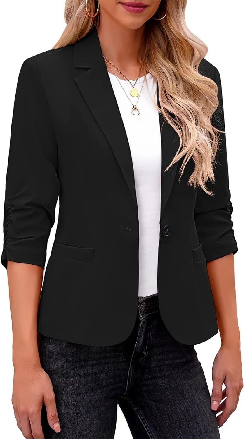Women 3/4 Sleeve Blazer Casual Open Front Notched Collar Button Jackets Dressy Work Office Suit Jackets Outerwear