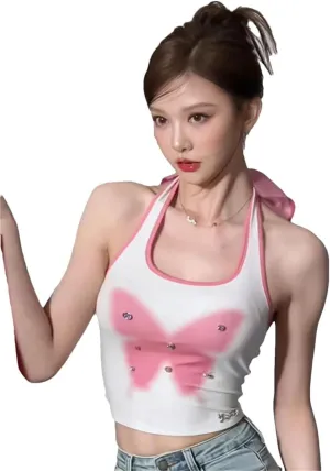 Women Bandage Bow Backless Sexy Crop Tops Butterfly Print Tunic Vest Camis
