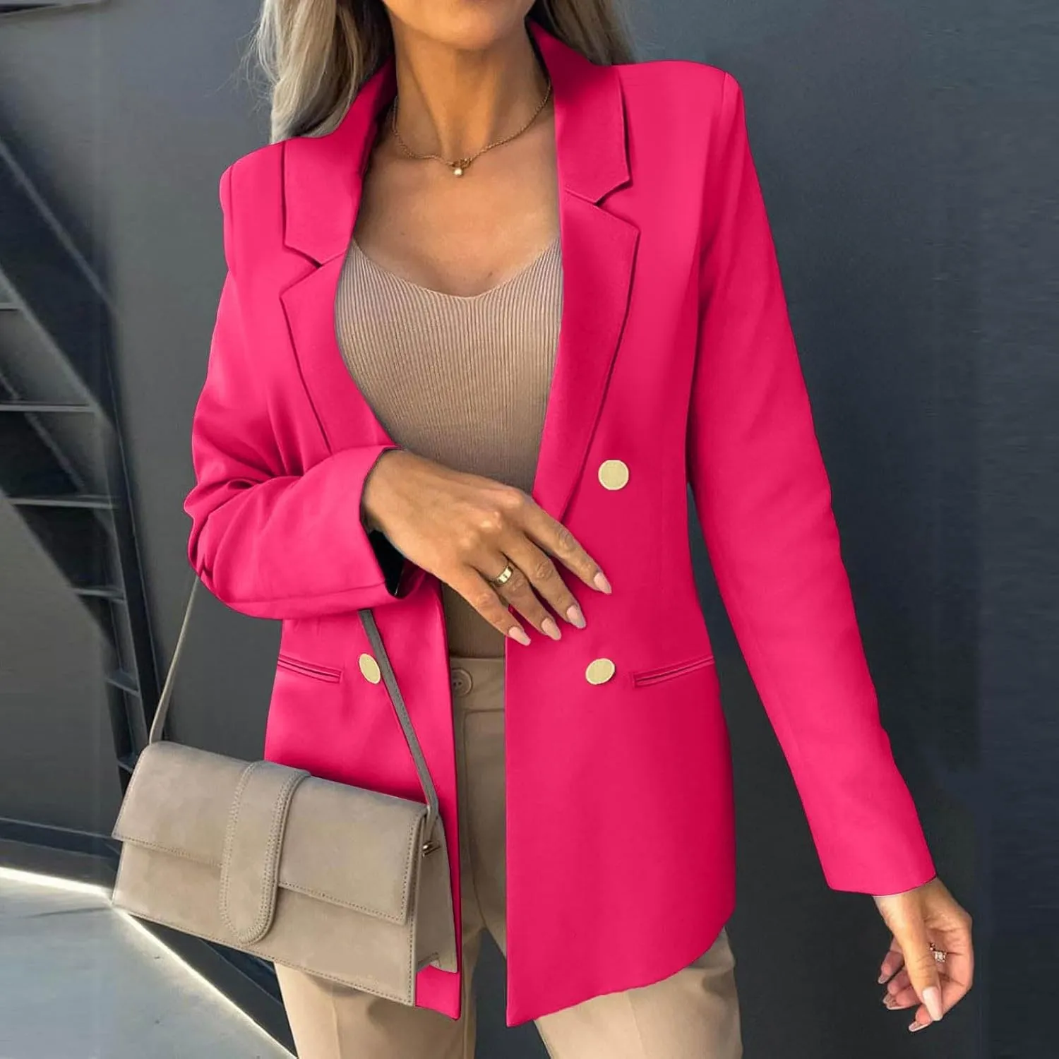 Women Business Casual Blazer Jacket Open Front Long Sleeve Button Jackets Notched Lapel Work Office Suit Jackets